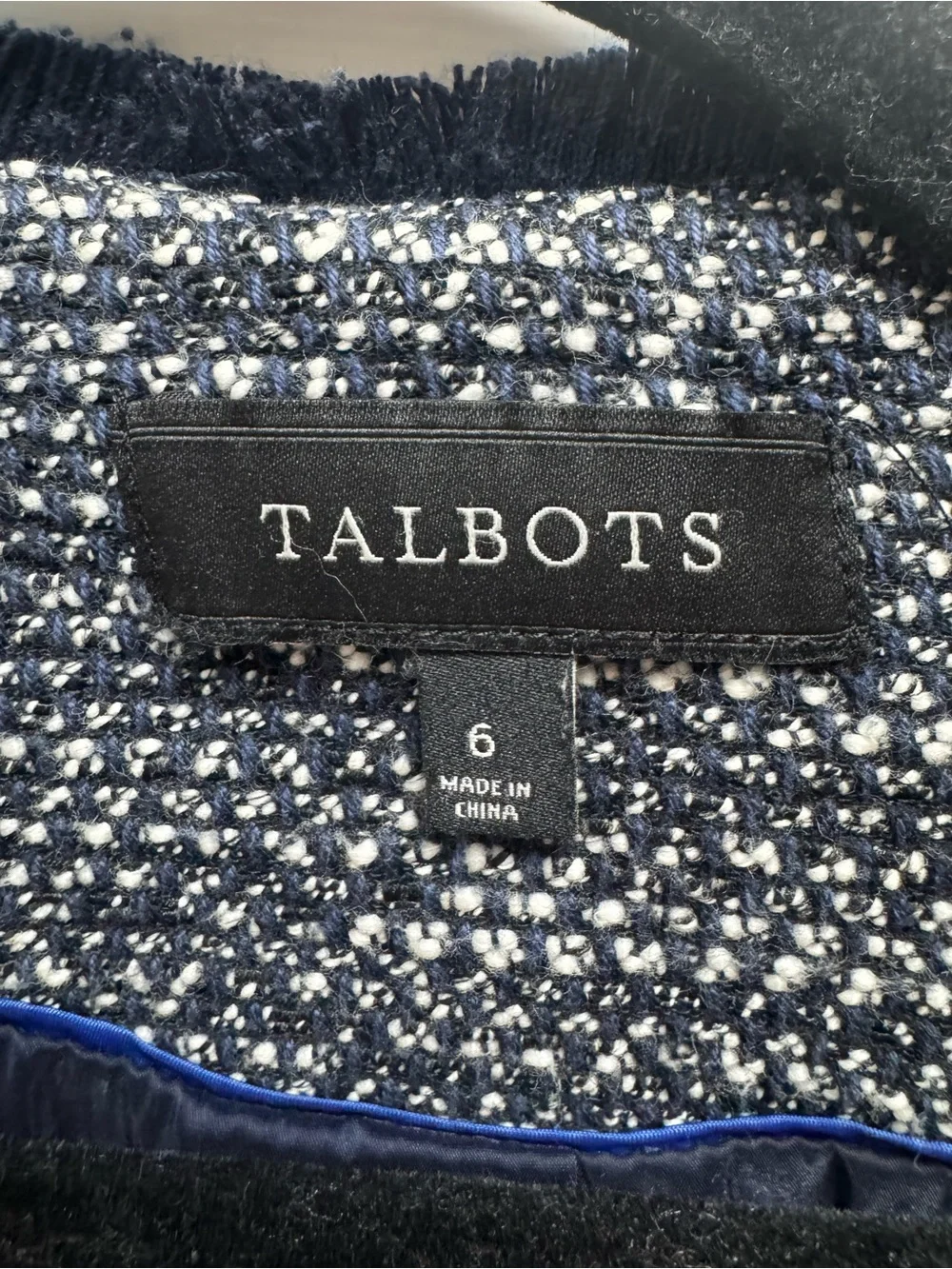 Talbots Navy Tweed Collarless Blazer Jacket